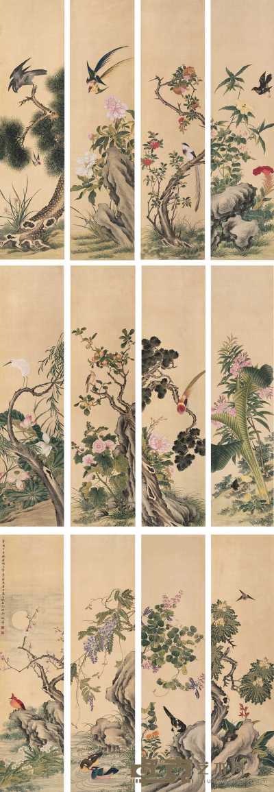 马家桐 辛亥（1791年）作 花鸟 十二屏 163×40cm×12